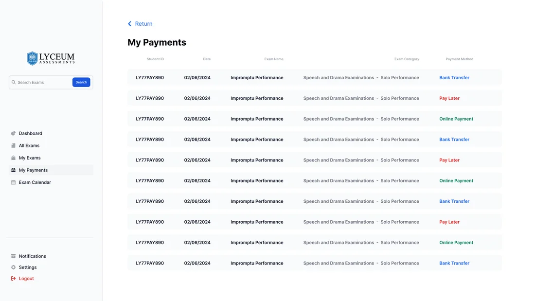 LYA Exam Portal - My payments